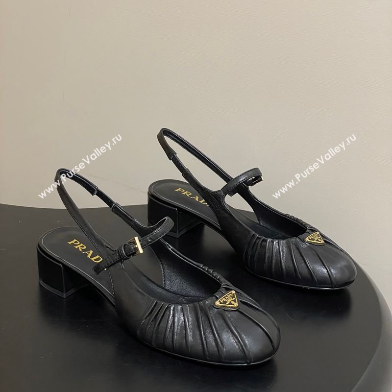Prada Pleated Leather Slingbacks Pumps 4cm Black 2026 PR022701 (MD-260227092)