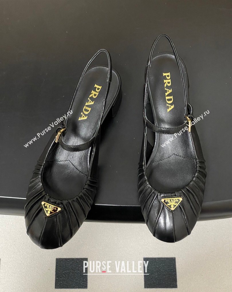 Prada Pleated Leather Slingbacks Pumps 4cm Black 2026 PR022701 (MD-260227092)