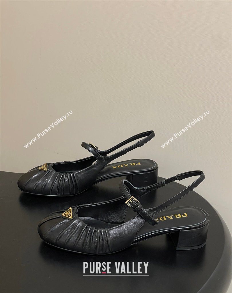 Prada Pleated Leather Slingbacks Pumps 4cm Black 2026 PR022701 (MD-260227092)
