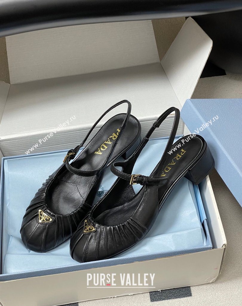 Prada Pleated Leather Slingbacks Pumps 4cm Black 2026 PR022701 (MD-260227092)