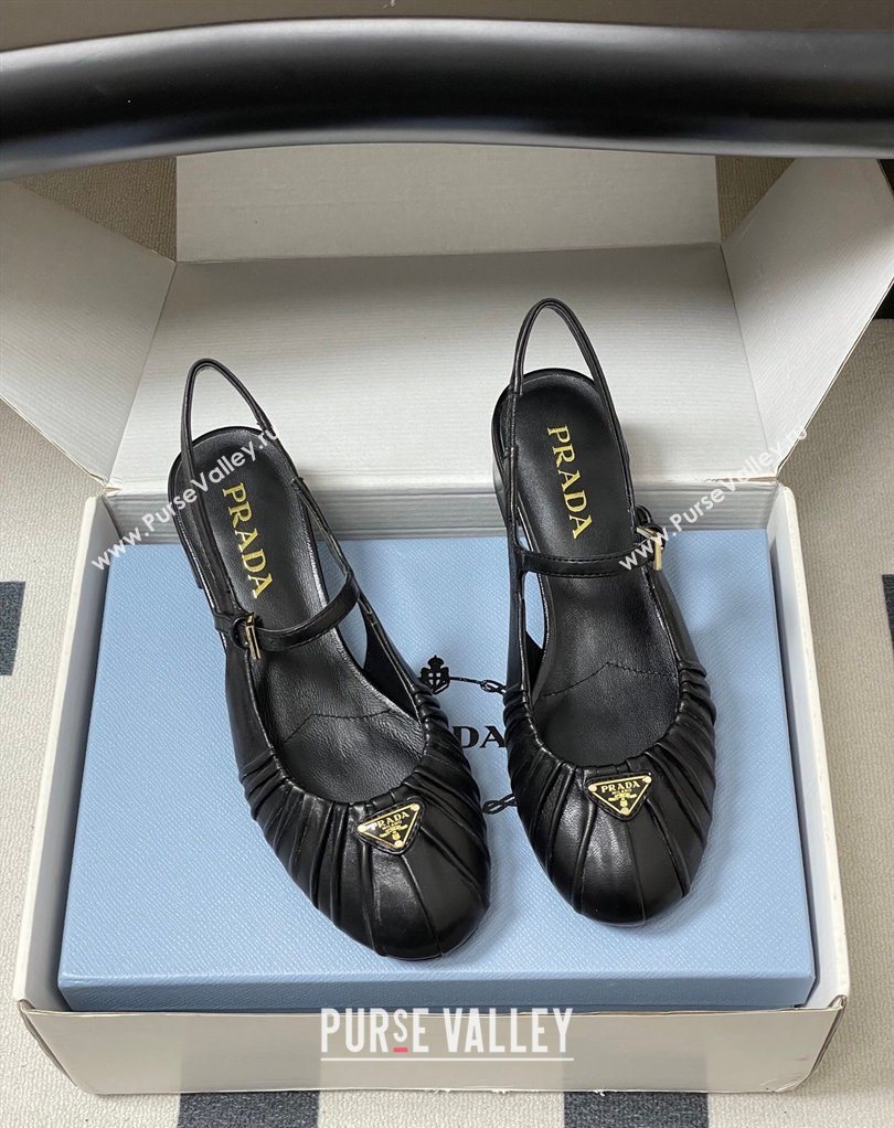 Prada Pleated Leather Slingbacks Pumps 4cm Black 2026 PR022701 (MD-260227092)