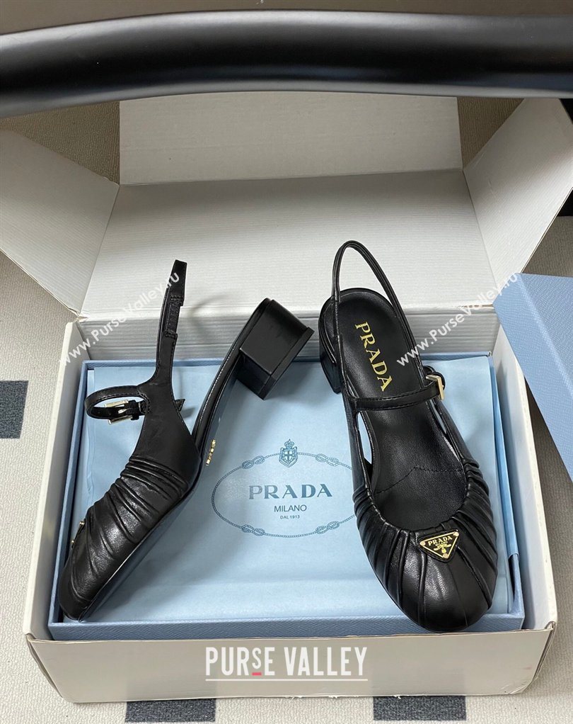 Prada Pleated Leather Slingbacks Pumps 4cm Black 2026 PR022701 (MD-260227092)