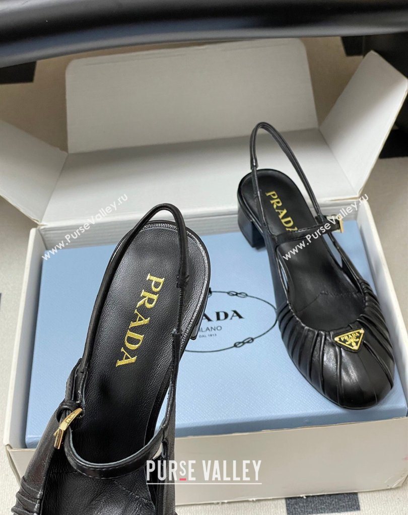 Prada Pleated Leather Slingbacks Pumps 4cm Black 2026 PR022701 (MD-260227092)