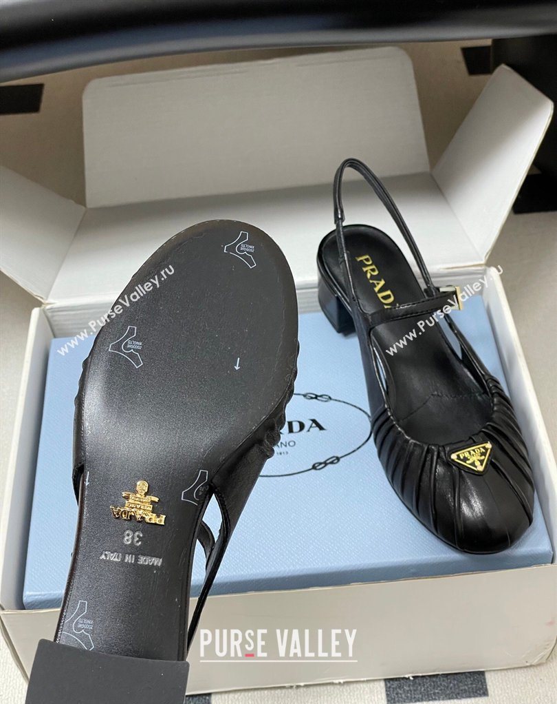 Prada Pleated Leather Slingbacks Pumps 4cm Black 2026 PR022701 (MD-260227092)