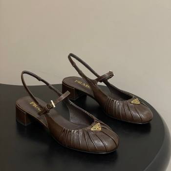 Prada Pleated Leather Slingbacks Pumps 4cm Chocolate Brown 2026 PR022701 (MD-260227094)