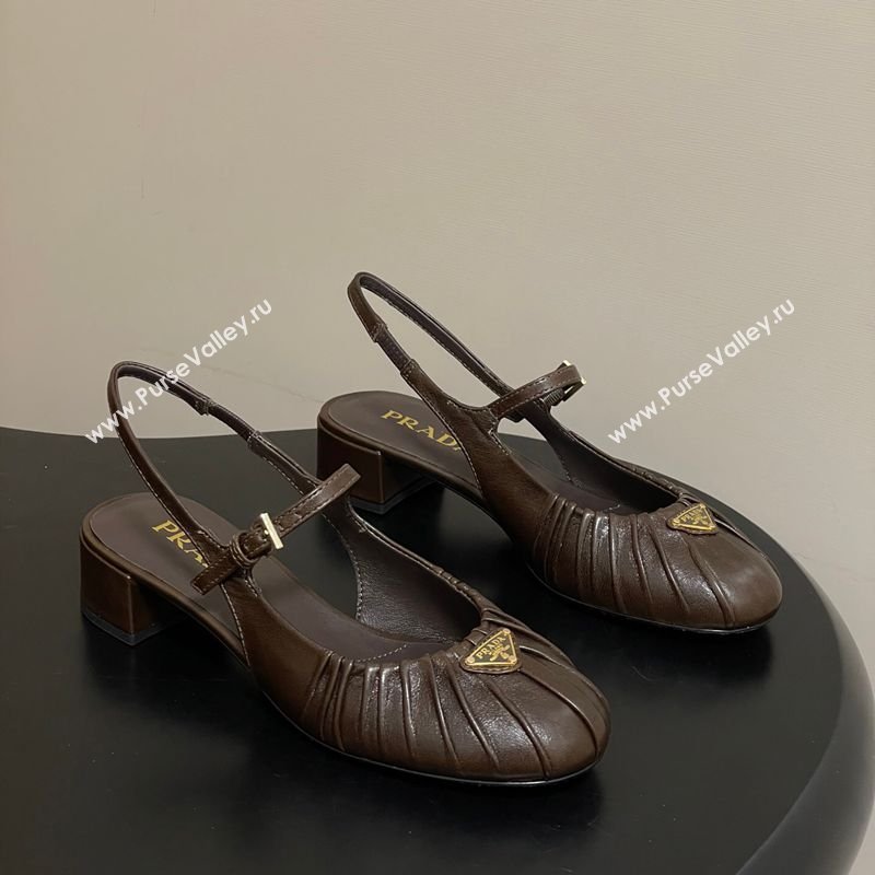 Prada Pleated Leather Slingbacks Pumps 4cm Chocolate Brown 2026 PR022701 (MD-260227094)