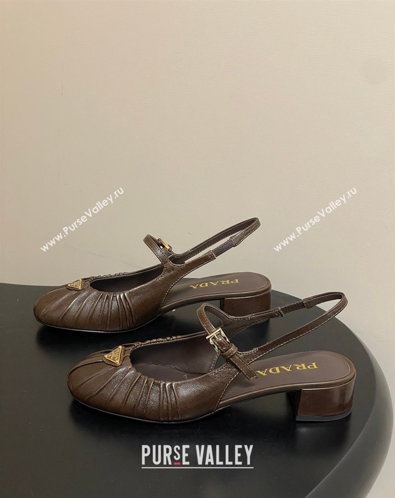 Prada Pleated Leather Slingbacks Pumps 4cm Chocolate Brown 2026 PR022701 (MD-260227094)