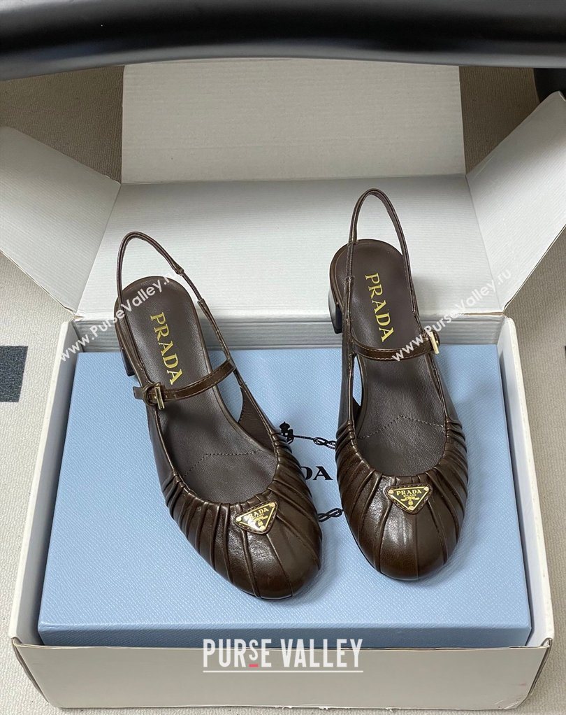 Prada Pleated Leather Slingbacks Pumps 4cm Chocolate Brown 2026 PR022701 (MD-260227094)