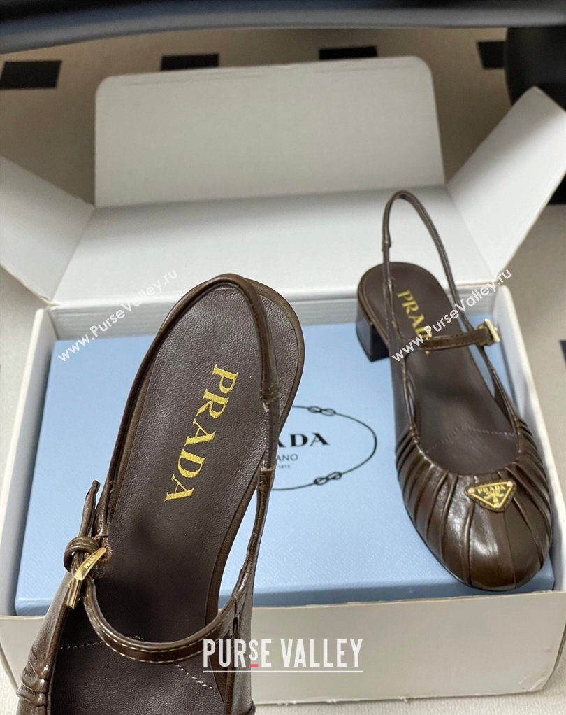 Prada Pleated Leather Slingbacks Pumps 4cm Chocolate Brown 2026 PR022701 (MD-260227094)