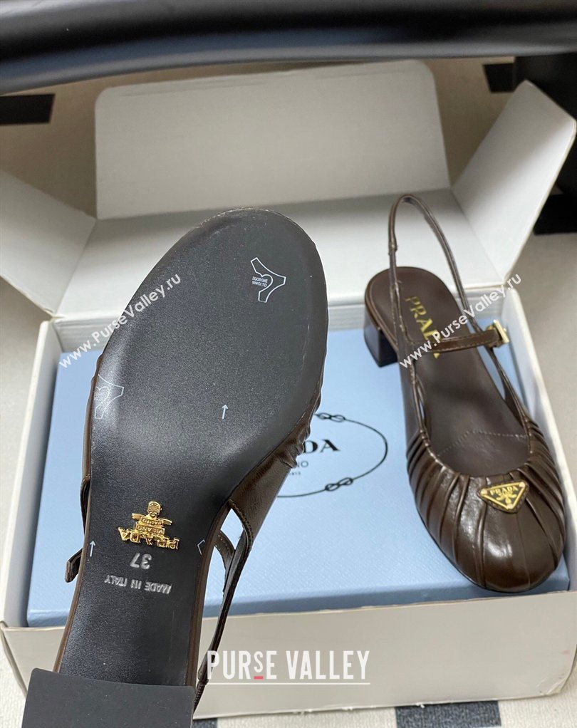Prada Pleated Leather Slingbacks Pumps 4cm Chocolate Brown 2026 PR022701 (MD-260227094)