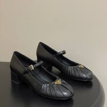 Prada Pleated Leather Mary Janes Pumps 4cm Black 2026 PR022701 (MD-260227096)