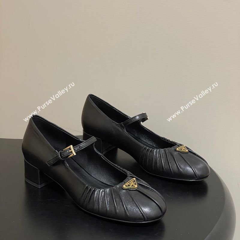 Prada Pleated Leather Mary Janes Pumps 4cm Black 2026 PR022701 (MD-260227096)