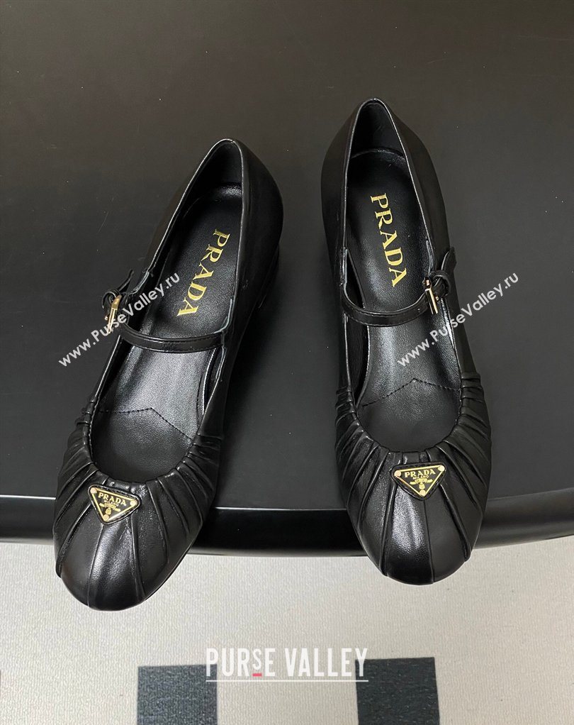 Prada Pleated Leather Mary Janes Pumps 4cm Black 2026 PR022701 (MD-260227096)