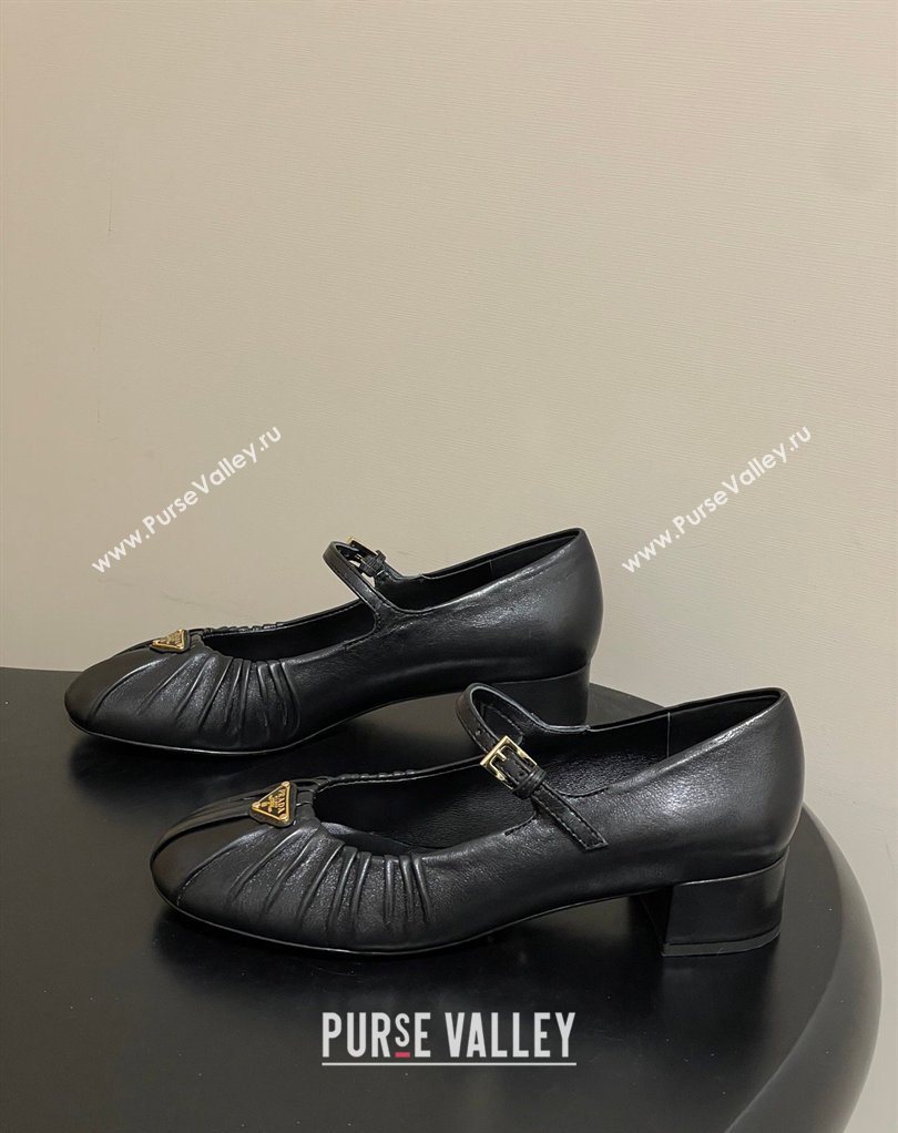 Prada Pleated Leather Mary Janes Pumps 4cm Black 2026 PR022701 (MD-260227096)