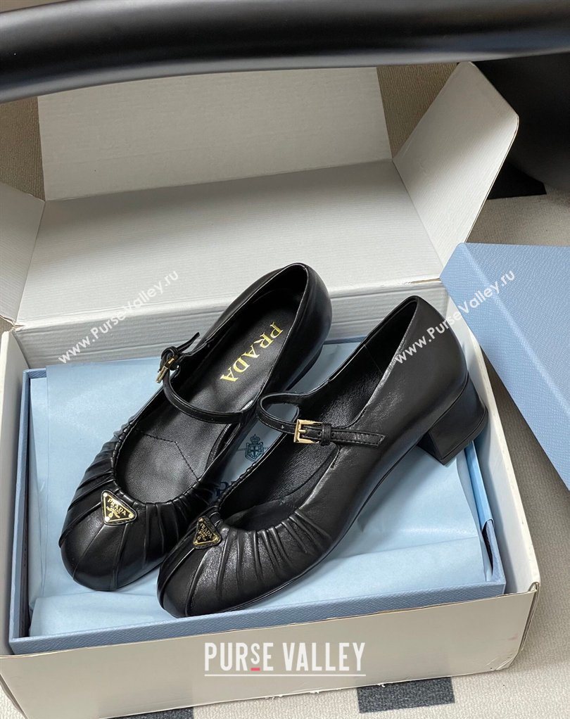 Prada Pleated Leather Mary Janes Pumps 4cm Black 2026 PR022701 (MD-260227096)