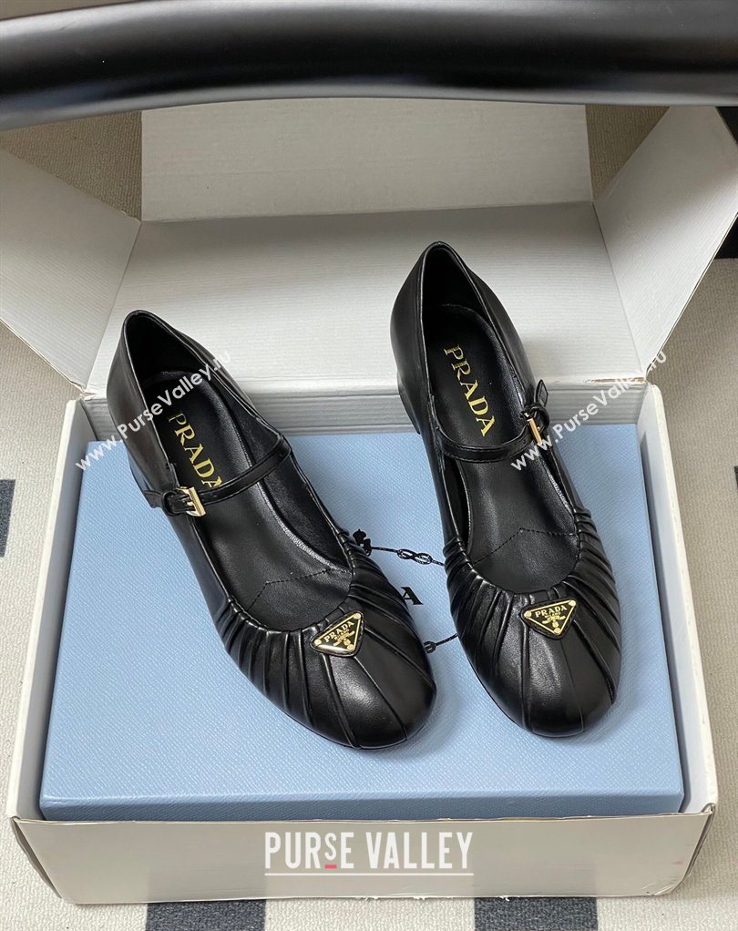 Prada Pleated Leather Mary Janes Pumps 4cm Black 2026 PR022701 (MD-260227096)