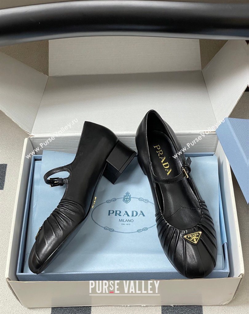 Prada Pleated Leather Mary Janes Pumps 4cm Black 2026 PR022701 (MD-260227096)