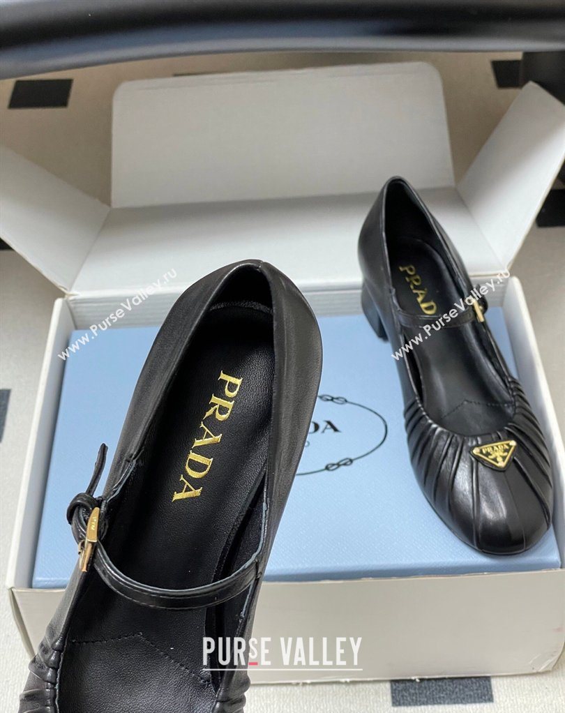 Prada Pleated Leather Mary Janes Pumps 4cm Black 2026 PR022701 (MD-260227096)