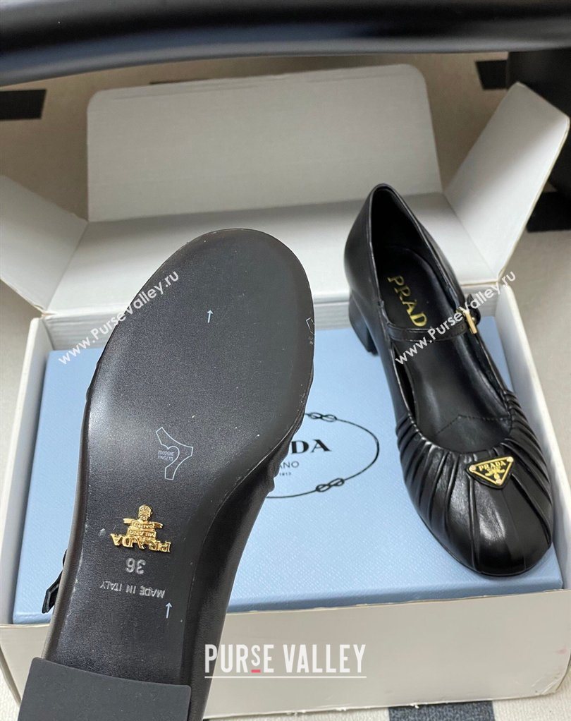 Prada Pleated Leather Mary Janes Pumps 4cm Black 2026 PR022701 (MD-260227096)