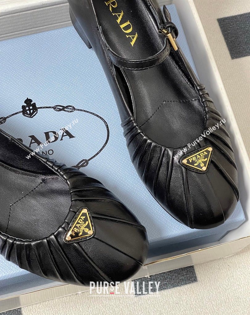 Prada Pleated Leather Mary Janes Pumps 4cm Black 2026 PR022701 (MD-260227096)
