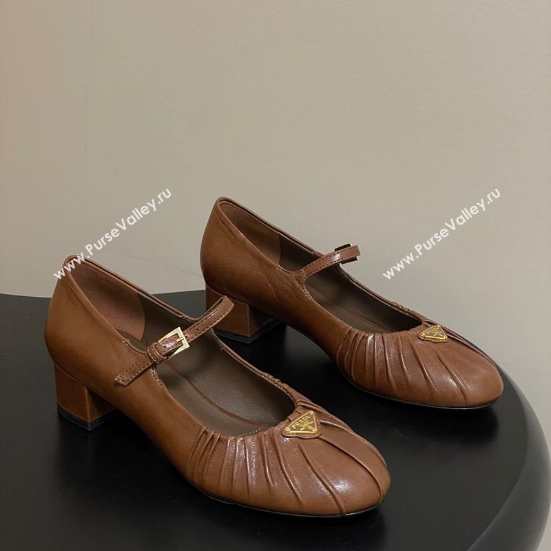 Prada Pleated Leather Mary Janes Pumps 4cm Dark Brown 2026 PR022701 (MD-260227097)