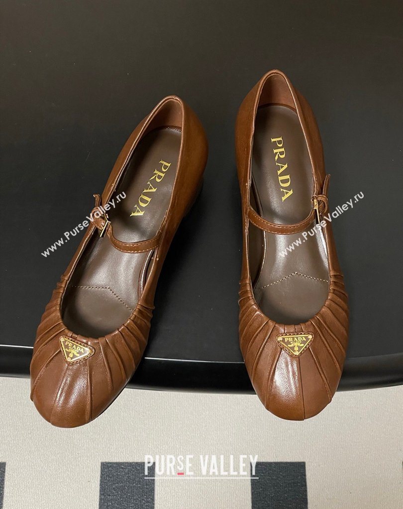 Prada Pleated Leather Mary Janes Pumps 4cm Dark Brown 2026 PR022701 (MD-260227097)