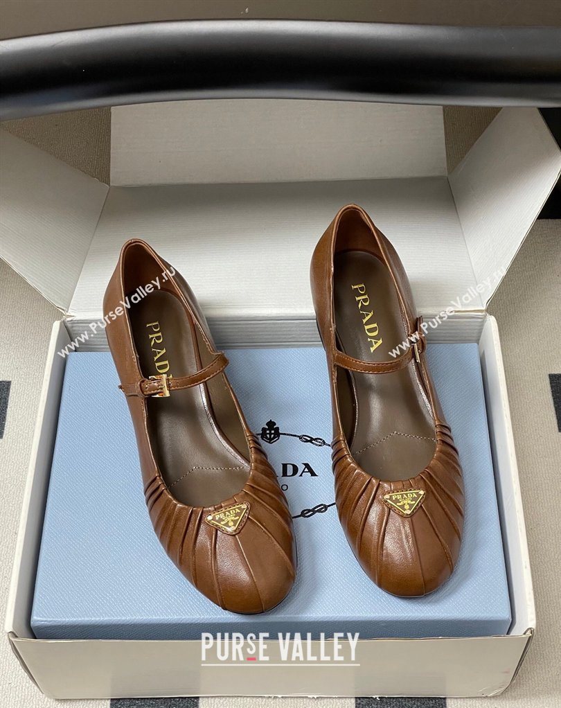 Prada Pleated Leather Mary Janes Pumps 4cm Dark Brown 2026 PR022701 (MD-260227097)