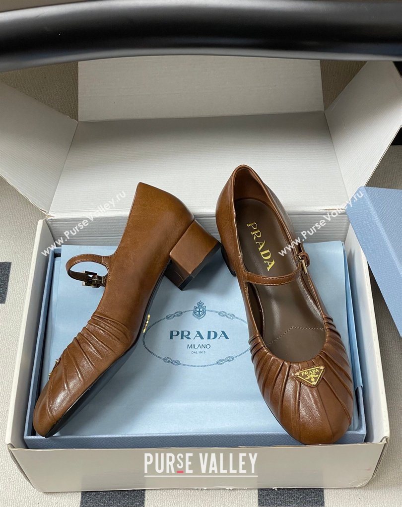 Prada Pleated Leather Mary Janes Pumps 4cm Dark Brown 2026 PR022701 (MD-260227097)