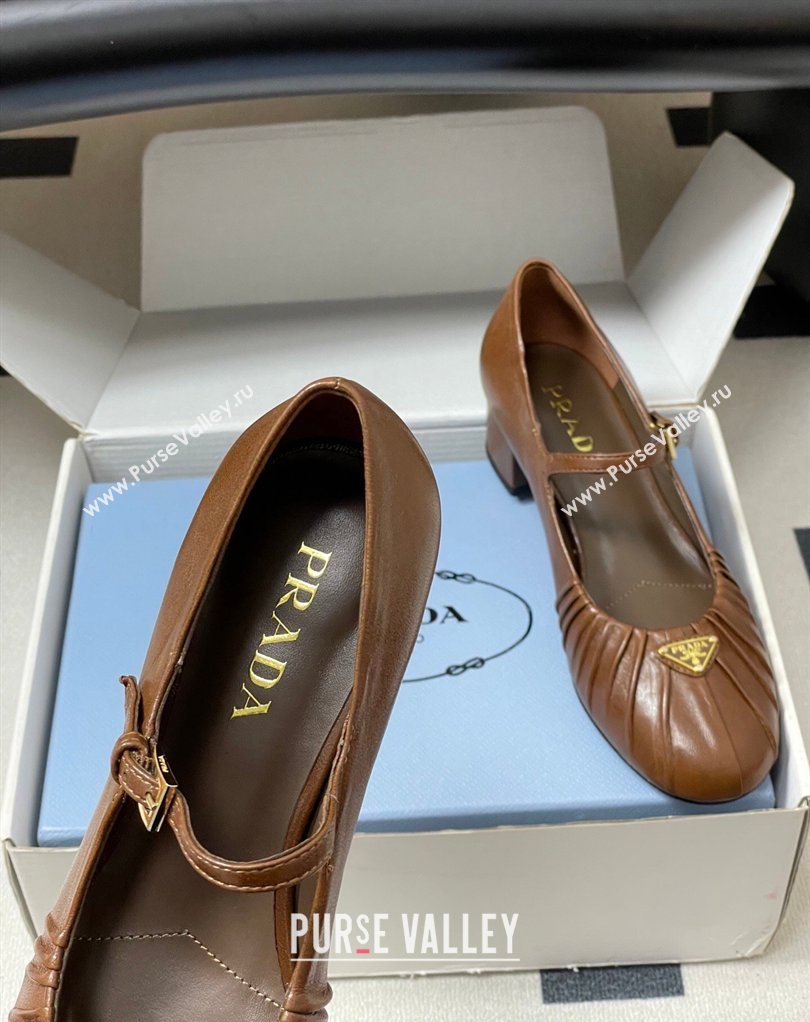 Prada Pleated Leather Mary Janes Pumps 4cm Dark Brown 2026 PR022701 (MD-260227097)