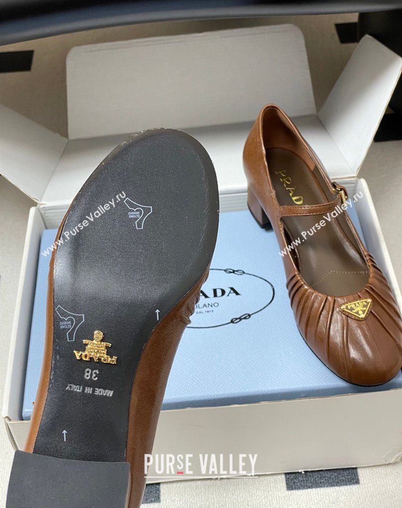Prada Pleated Leather Mary Janes Pumps 4cm Dark Brown 2026 PR022701 (MD-260227097)