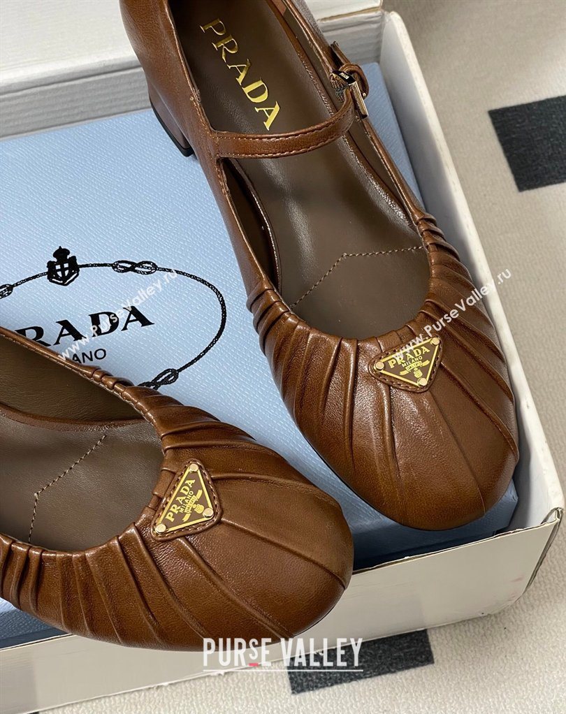 Prada Pleated Leather Mary Janes Pumps 4cm Dark Brown 2026 PR022701 (MD-260227097)