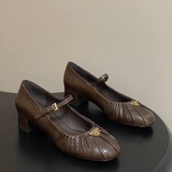 Prada Pleated Leather Mary Janes Pumps 4cm Chocolate Brown 2026 PR022701 (MD-260227098)