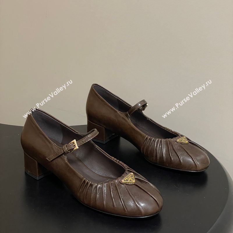Prada Pleated Leather Mary Janes Pumps 4cm Chocolate Brown 2026 PR022701 (MD-260227098)
