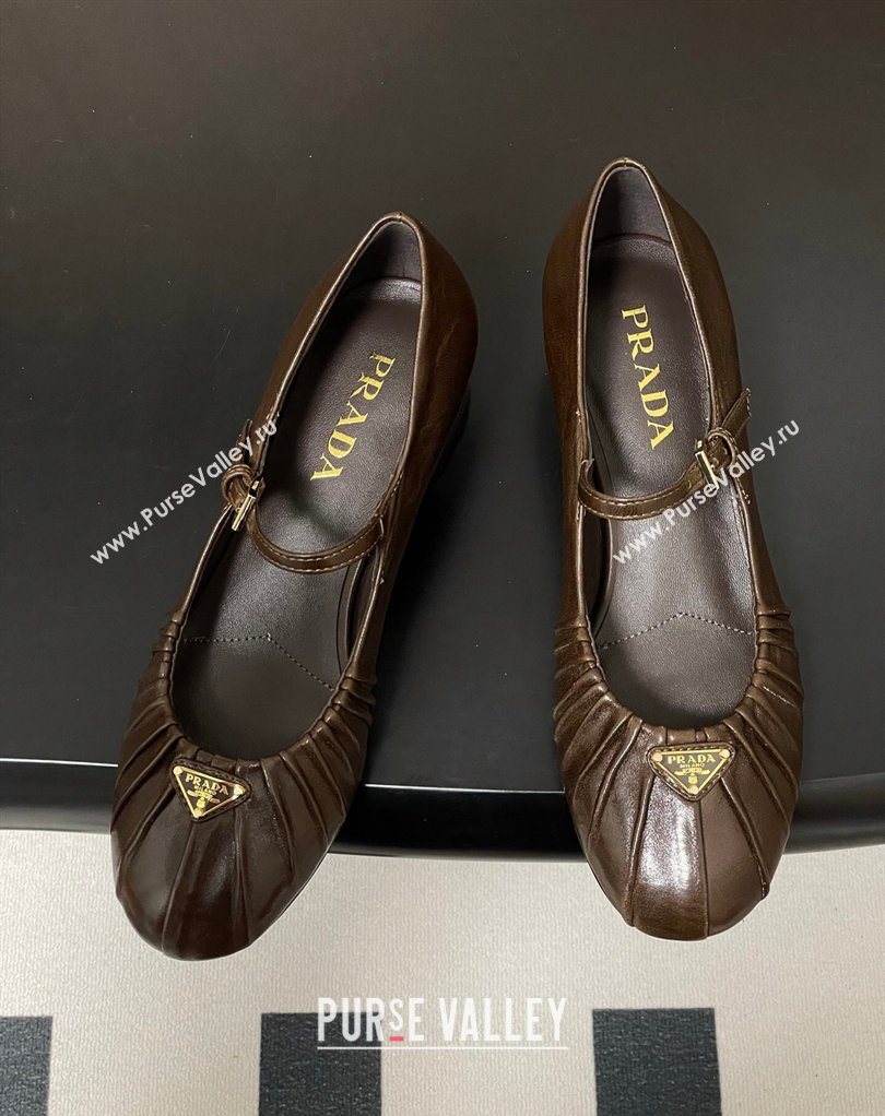Prada Pleated Leather Mary Janes Pumps 4cm Chocolate Brown 2026 PR022701 (MD-260227098)