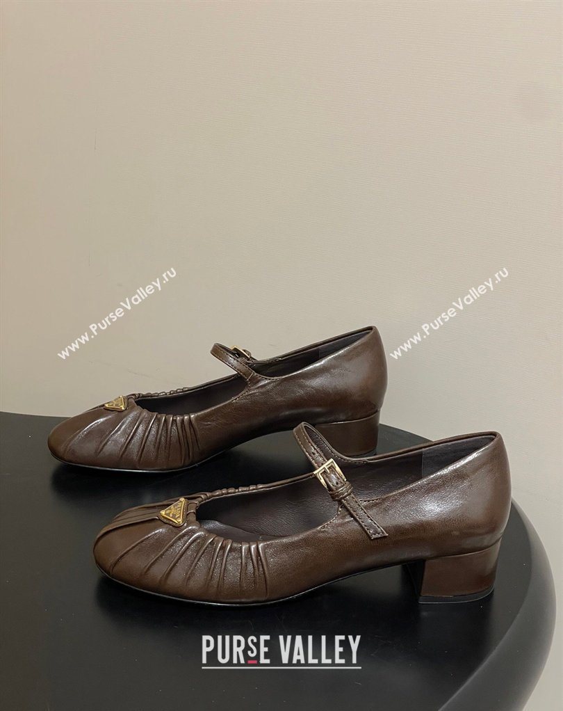 Prada Pleated Leather Mary Janes Pumps 4cm Chocolate Brown 2026 PR022701 (MD-260227098)
