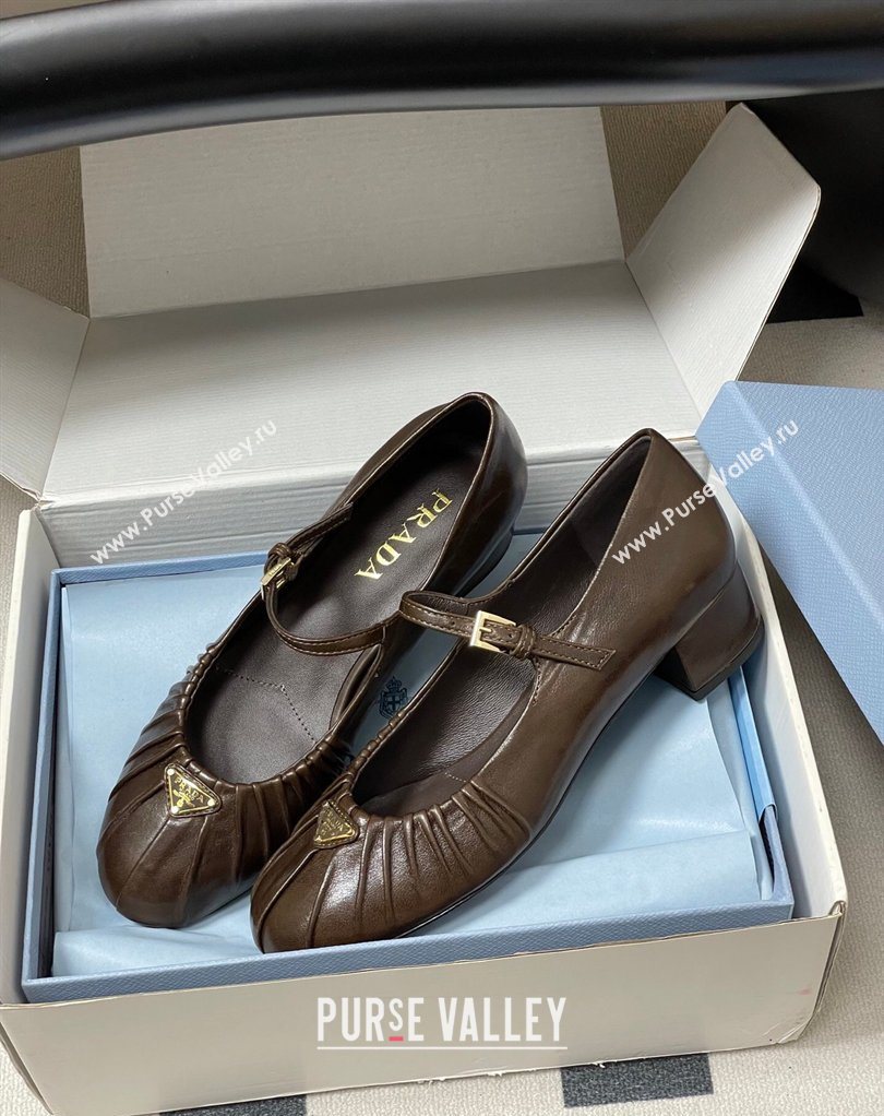 Prada Pleated Leather Mary Janes Pumps 4cm Chocolate Brown 2026 PR022701 (MD-260227098)