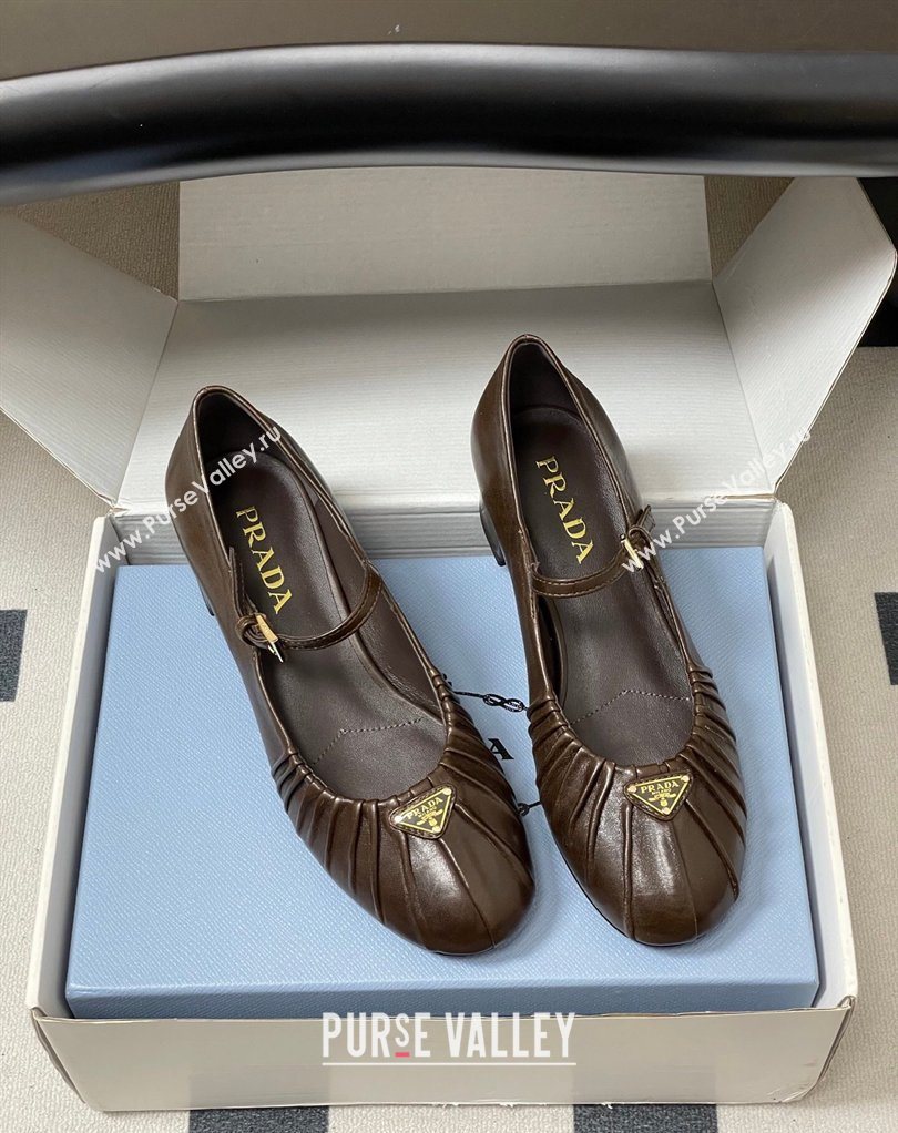 Prada Pleated Leather Mary Janes Pumps 4cm Chocolate Brown 2026 PR022701 (MD-260227098)