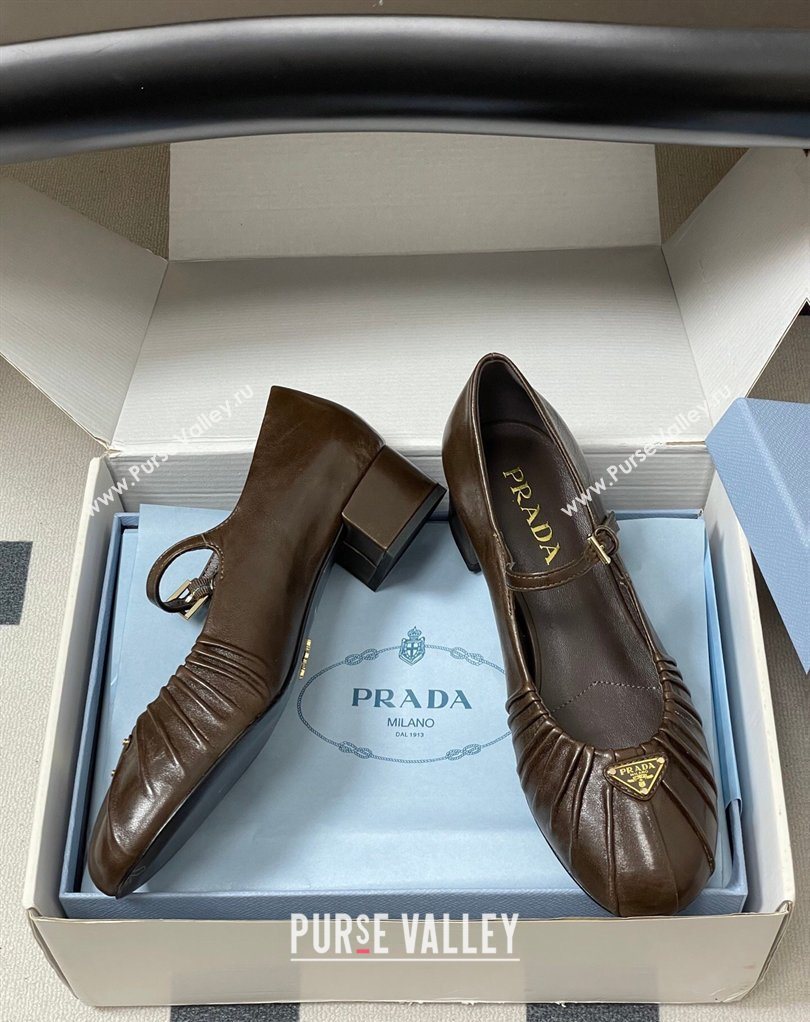 Prada Pleated Leather Mary Janes Pumps 4cm Chocolate Brown 2026 PR022701 (MD-260227098)