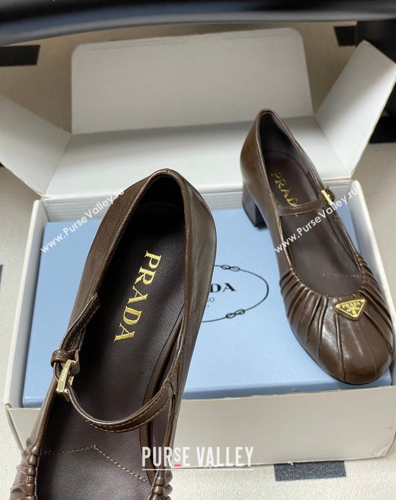 Prada Pleated Leather Mary Janes Pumps 4cm Chocolate Brown 2026 PR022701 (MD-260227098)
