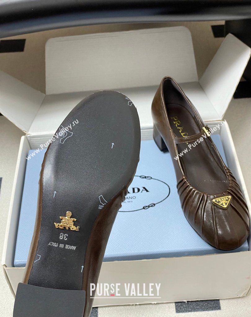 Prada Pleated Leather Mary Janes Pumps 4cm Chocolate Brown 2026 PR022701 (MD-260227098)