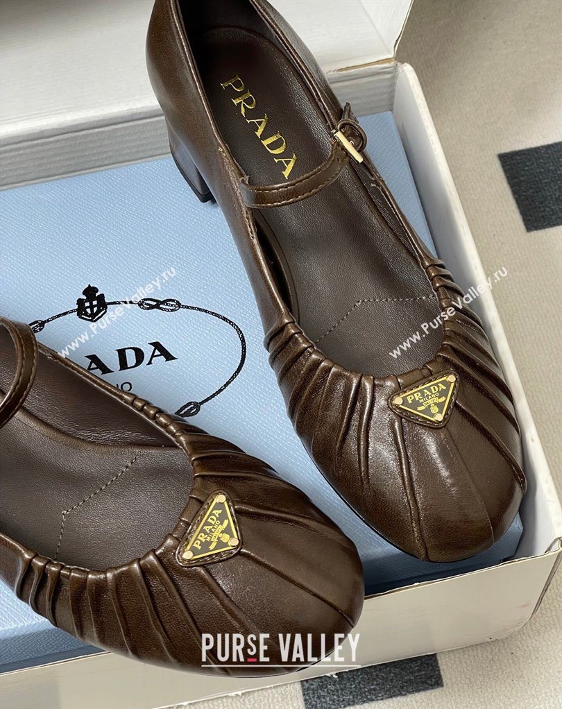 Prada Pleated Leather Mary Janes Pumps 4cm Chocolate Brown 2026 PR022701 (MD-260227098)