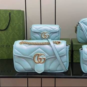 Gucci GG Marmont Small Shoulder Bag in Light Blue Iridescent Leather 443497 2024 (XINGLU-24021937)