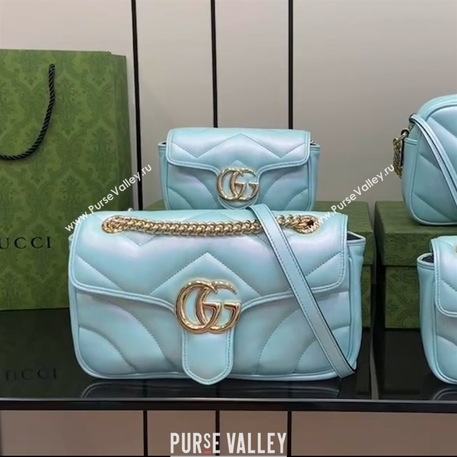 Gucci GG Marmont Small Shoulder Bag in Light Blue Iridescent Leather 443497 2024 (XINGLU-24021937)