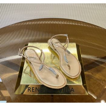 Rene Caovilla Serpente Flat Thong Sandal in Silk and Lambskin with Strass Gold 2024 0704 (MD-240704017)