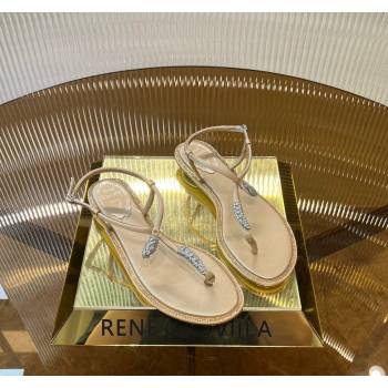 Rene Caovilla Serpente Flat Thong Sandal in Silk and Lambskin with Strass Gold 2024 0704 (MD-240704017)