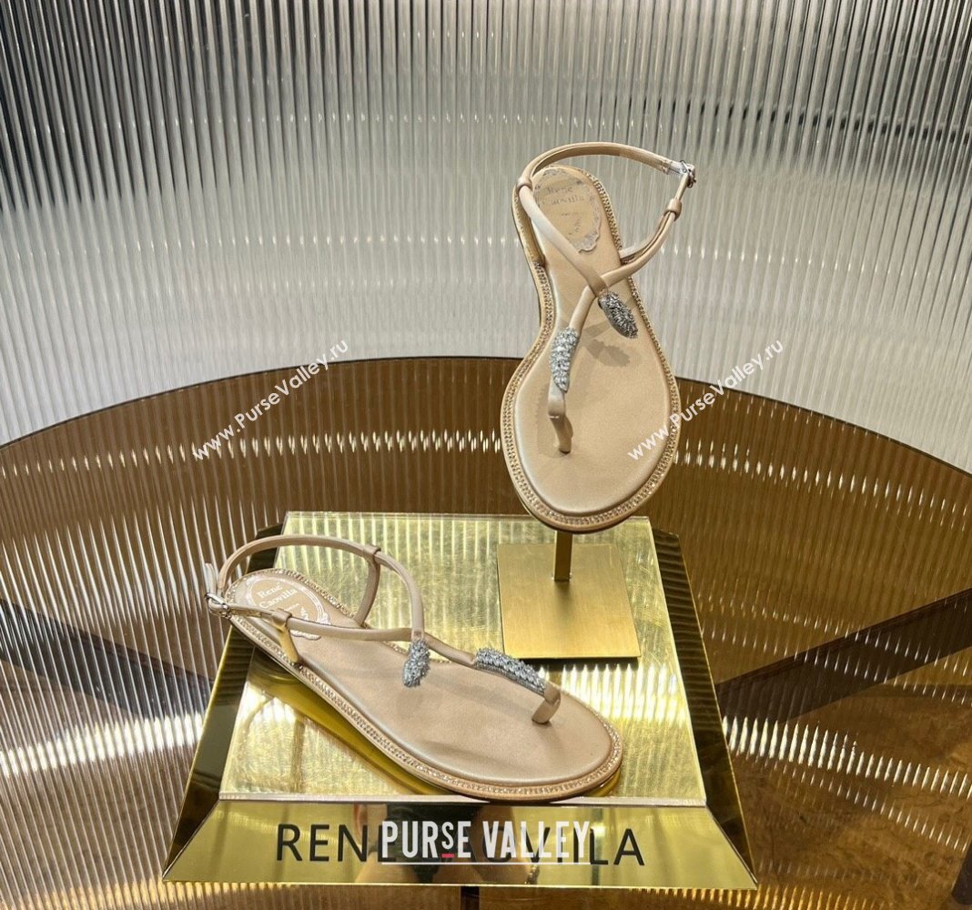 Rene Caovilla Serpente Flat Thong Sandal in Silk and Lambskin with Strass Gold 2024 0704 (MD-240704017)