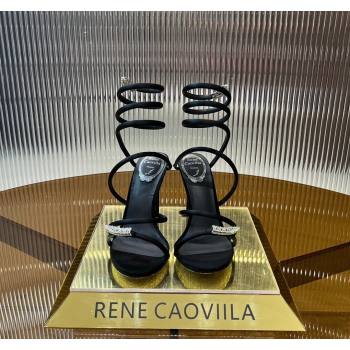 Rene Caovilla Serpente Heel Sandals 9.5cm in Silk and Lambskin with Strass Black 2024 0704 (MD-240704024)