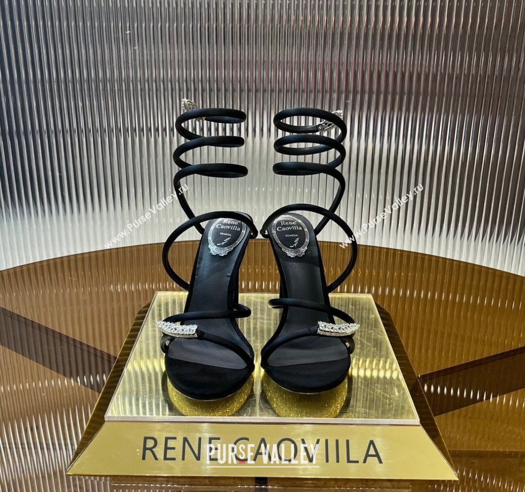 Rene Caovilla Serpente Heel Sandals 9.5cm in Silk and Lambskin with Strass Black 2024 0704 (MD-240704024)