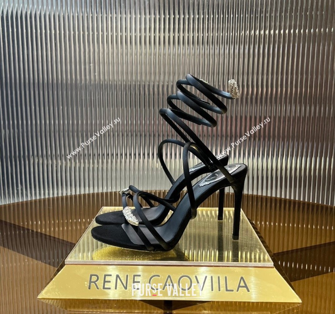 Rene Caovilla Serpente Heel Sandals 9.5cm in Silk and Lambskin with Strass Black 2024 0704 (MD-240704024)