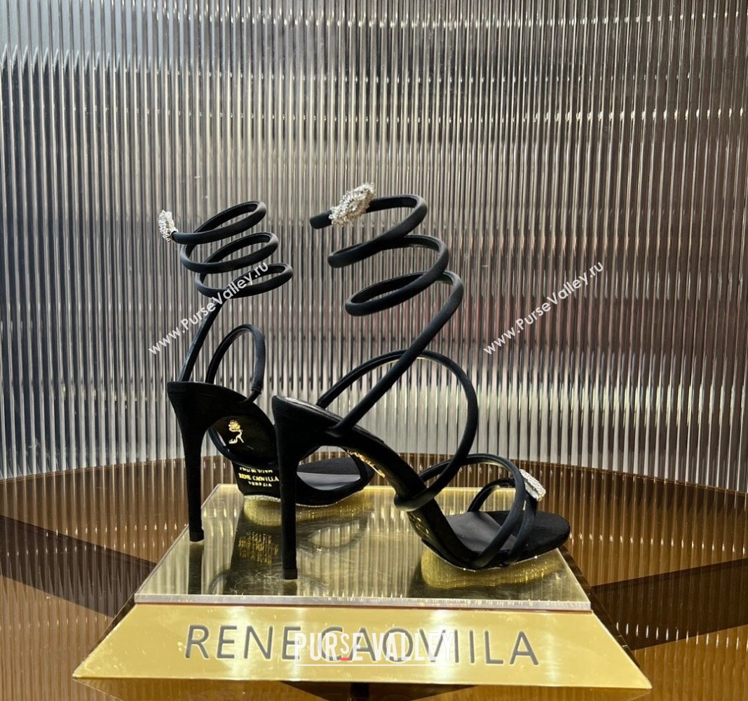 Rene Caovilla Serpente Heel Sandals 9.5cm in Silk and Lambskin with Strass Black 2024 0704 (MD-240704024)